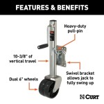 CURT 1.5K Marine Jack – Dual 6" Wheels, 10" Travel, Bolt-On Swivel CURT 1.5K Marine Trailer Jack with Dual 6 Inch Wheels and Sidewind Handle