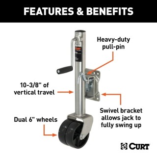 CURT 1500 lb Marine Jack – Dual 6" Wheels, 10" Lift, Sidewind, Zinc Finish CURT 1.5K Marine Trailer Jack with Dual 6-Inch Wheels and 10-Inch Travel