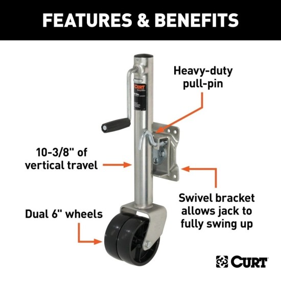 CURT 1.5K Marine Jack – Dual 6" Wheels, 10" Travel, Bolt-On Swivel CURT 1.5K Marine Trailer Jack with Dual 6 Inch Wheels and Sidewind Handle