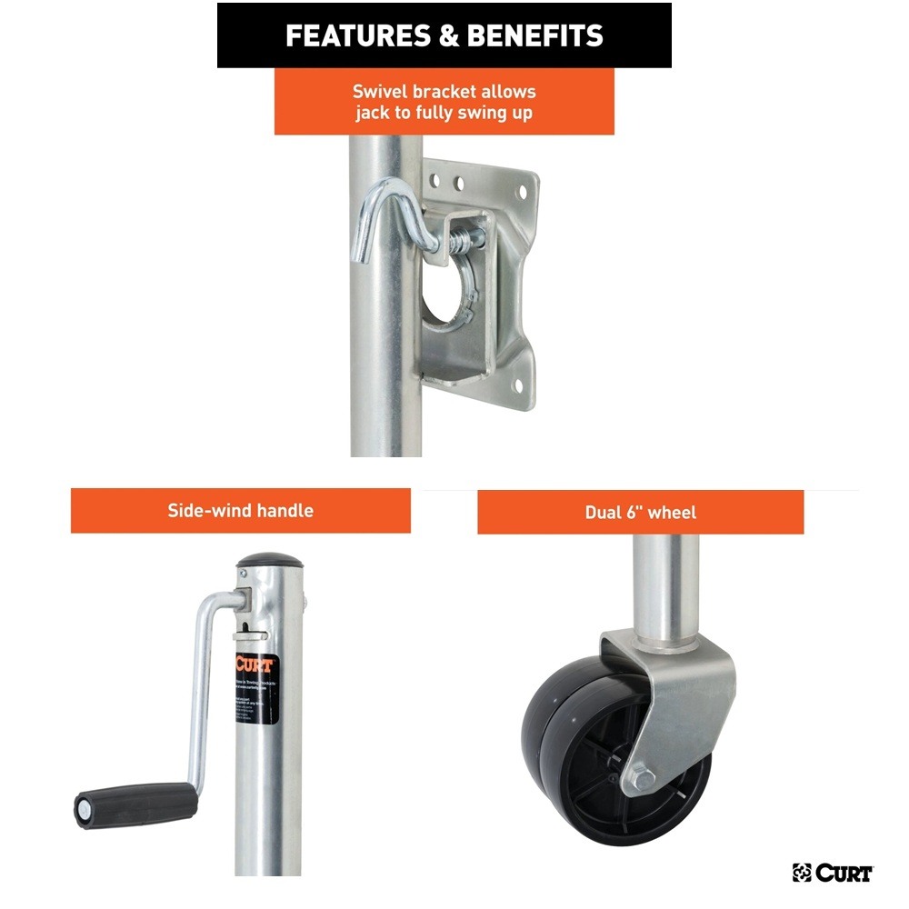 CURT 1500 lb Marine Jack – Dual 6" Wheels, 10" Lift, Sidewind, Zinc Finish CURT 1.5K Marine Trailer Jack with Dual 6-Inch Wheels and 10-Inch Travel