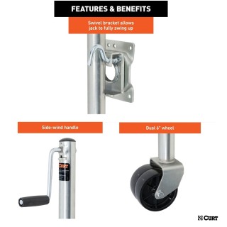CURT 1500 lb Marine Jack – Dual 6" Wheels, 10" Lift, Sidewind, Zinc Finish CURT 1.5K Marine Trailer Jack with Dual 6-Inch Wheels and 10-Inch Travel