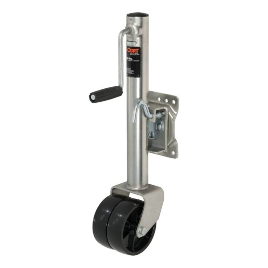 CURT 1.5K Marine Jack – Dual 6" Wheels, 10" Travel, Bolt-On Swivel CURT 1.5K Marine Trailer Jack with Dual 6 Inch Wheels and Sidewind Handle