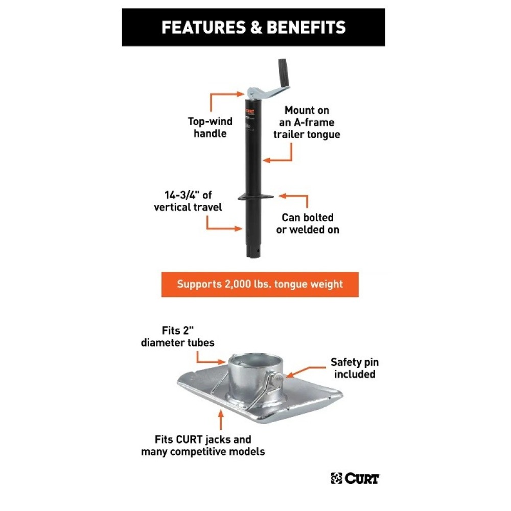 CURT A-Frame Trailer Jack 2000 lb Lift with Footplate 15 Inch Travel