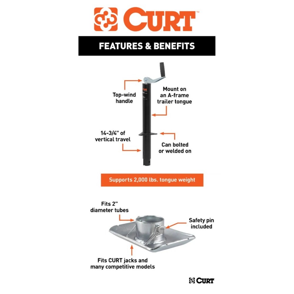CURT 2,000 lb A-Frame Trailer Jack with Top-Wind Handle, 15" Travel & Pin-On Jack Foot