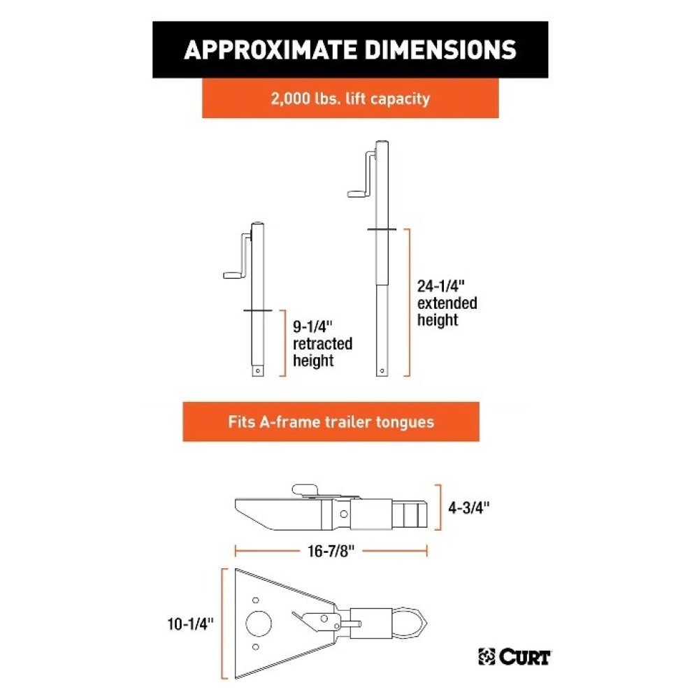 CURT A-Frame Trailer Jack and 2-5/16" Coupler – Side Handle, 2,000 lb / 12,500 lb CURT A-Frame Trailer Jack and 2-5/16 Inch Sleeve-Lock Coupler, 2,000 lb & 12,500 lb