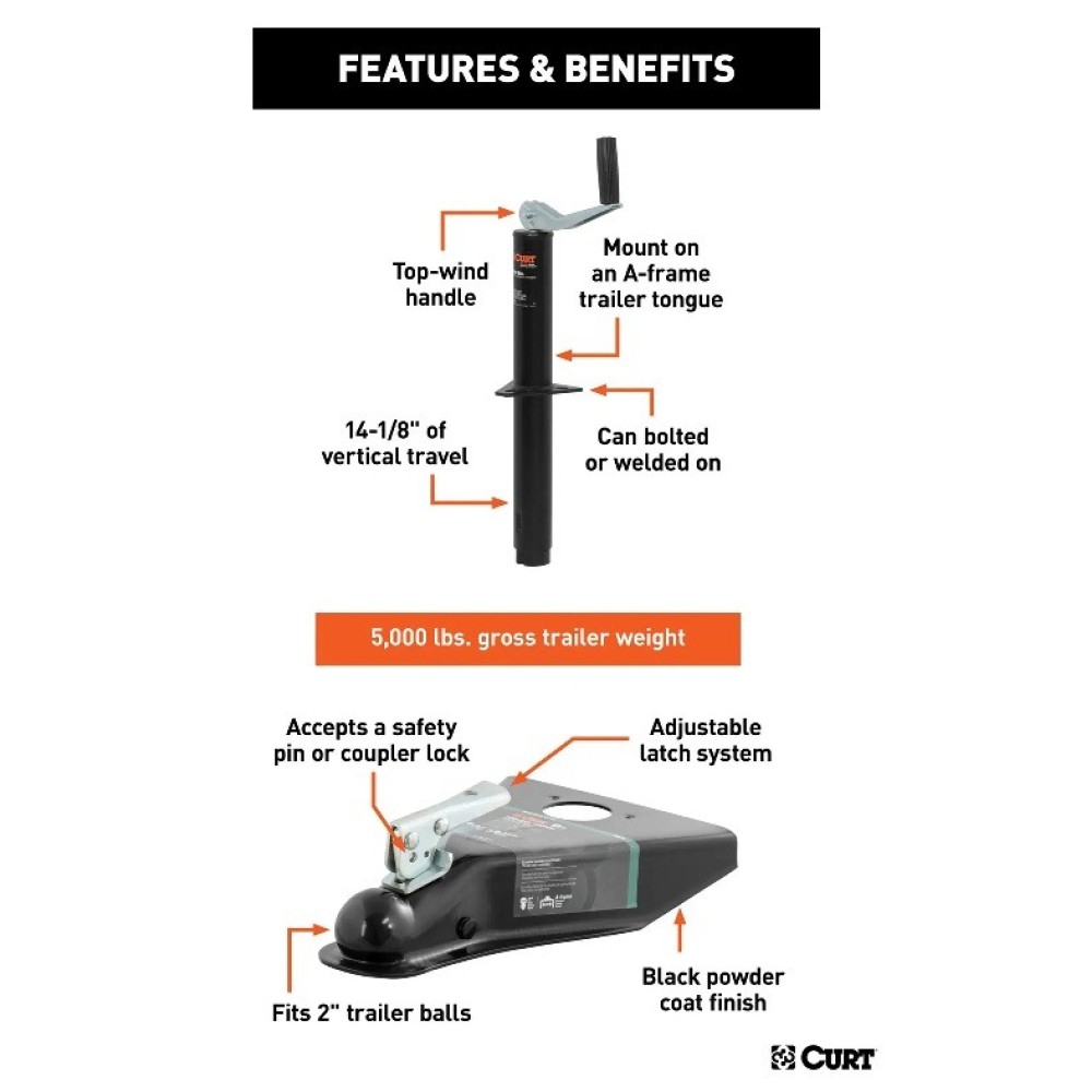 CURT 5000 lbs A-Frame Trailer Jack & 2" Coupler Bundle - 14" Travel, Top Handle CURT 5000 lbs A-Frame Trailer Jack and Coupler Bundle with 14" Travel and Top Handle