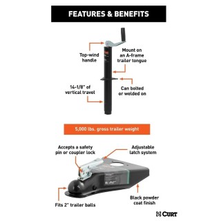 CURT 5000 lbs A-Frame Trailer Jack & 2" Coupler Bundle - 14" Travel, Top Handle CURT 5000 lbs A-Frame Trailer Jack and Coupler Bundle with 14" Travel and Top Handle
