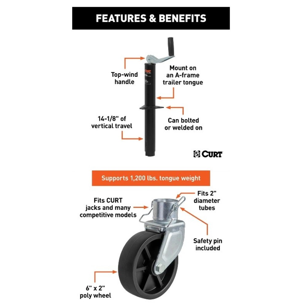 CURT 5000 lb A-Frame Trailer Jack CURT A-Frame Trailer Jack with 5000 lb Capacity and 6" Caster Wheel