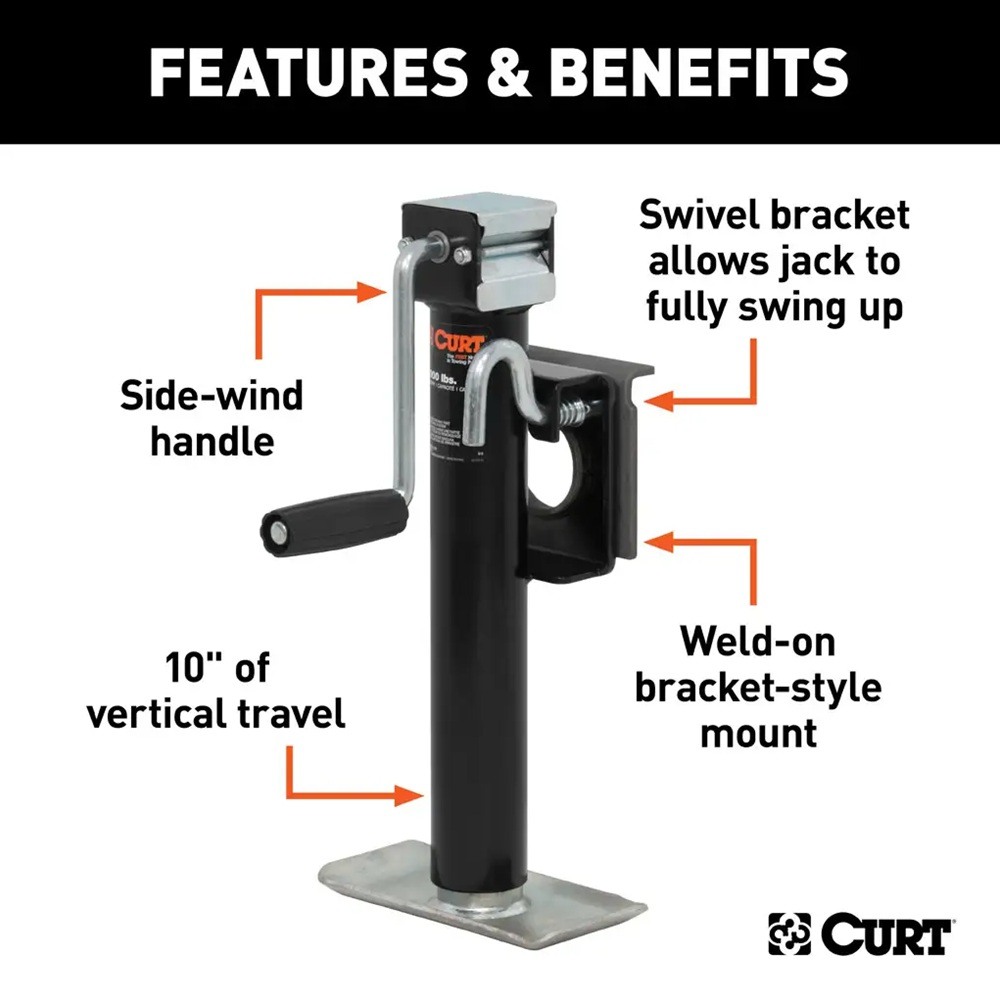CURT 2,000 lb Bracket-Mount Swivel Jacks – Side Handle, 10" Travel CURT 2K Bracket-Mount Swivel Trailer Jacks with Side Handle and 10 Inch Travel