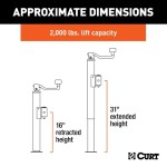 CURT 2000 lb Pipe-Mount Swivel Jack – Topwind, 15" Travel, Footplate CURT 2K Pipe-Mount Swivel Trailer Jack with Topwind Handle and 15 Inch Lift