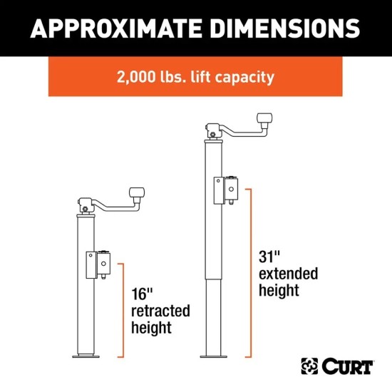CURT 2000 lb Pipe-Mount Swivel Jack – Topwind, 15" Travel, Footplate CURT 2K Pipe-Mount Swivel Trailer Jack with Topwind Handle and 15 Inch Lift
