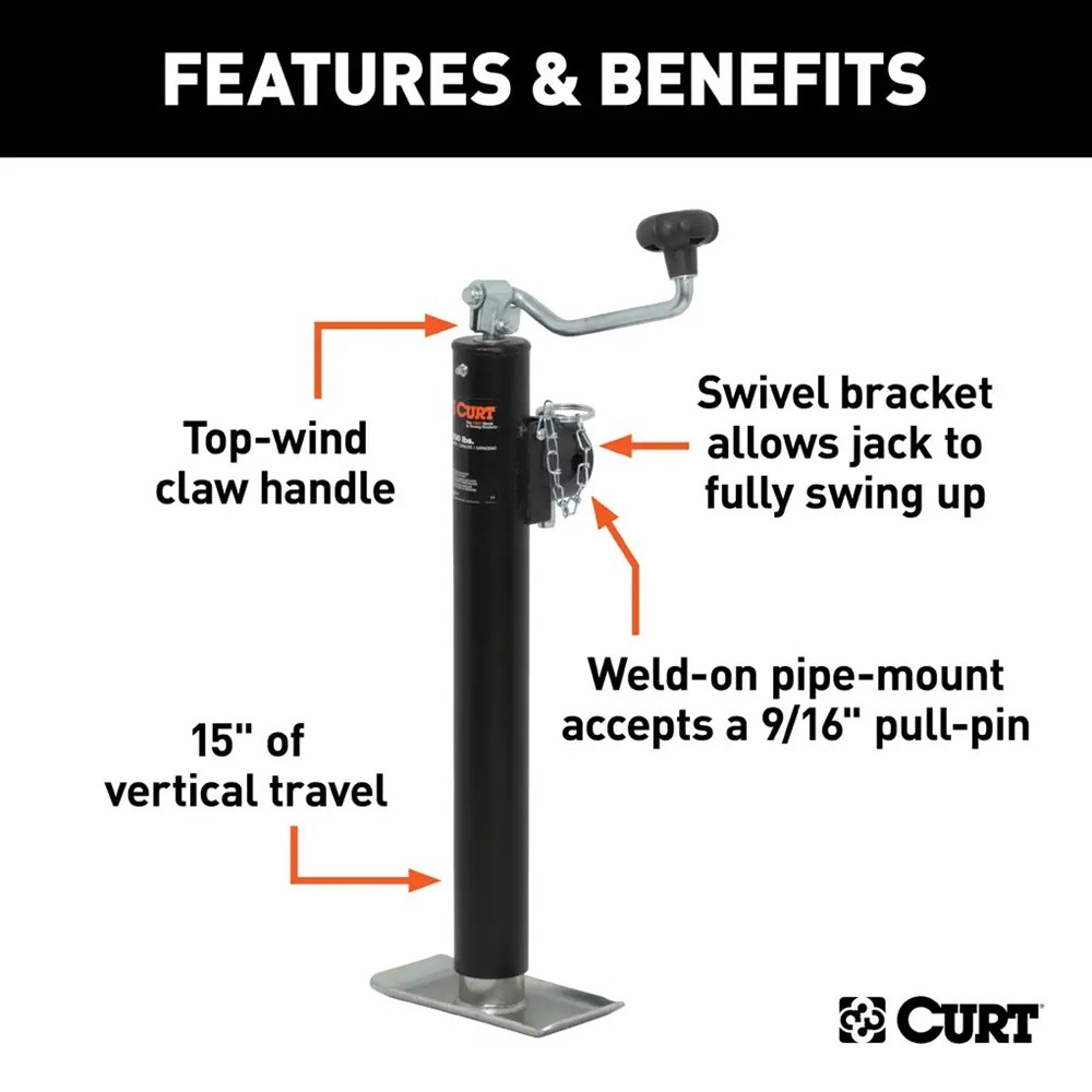 CURT 2000 lb Pipe-Mount Swivel Jack – Topwind, 15" Travel, Footplate CURT 2K Pipe-Mount Swivel Trailer Jack with Topwind Handle and 15 Inch Lift