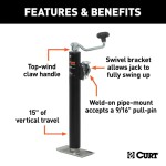 CURT 2000 lb Pipe-Mount Swivel Jack – Topwind, 15" Travel, Footplate CURT 2K Pipe-Mount Swivel Trailer Jack with Topwind Handle and 15 Inch Lift