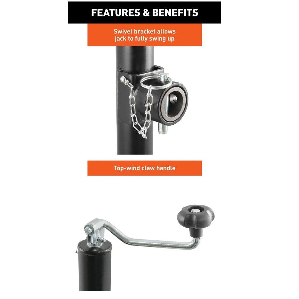 CURT 2000 lb Pipe-Mount Swivel Jack – Topwind, 15" Travel, Footplate CURT 2K Pipe-Mount Swivel Trailer Jack with Topwind Handle and 15 Inch Lift