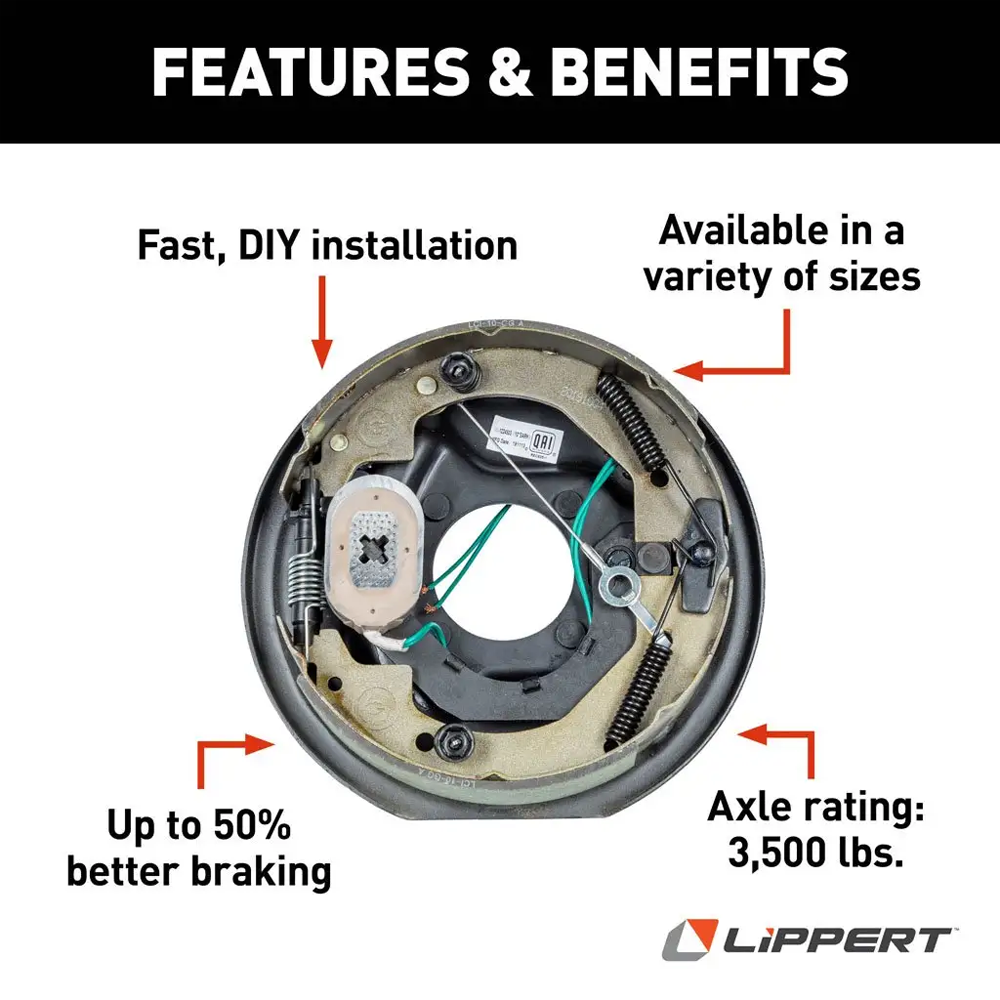Lippert 3,500 lb RH 10x2.25 self-adjusting electric trailer brake and 5-lug hub drum kit compatible with Dexter, Alko, Rockwell axles