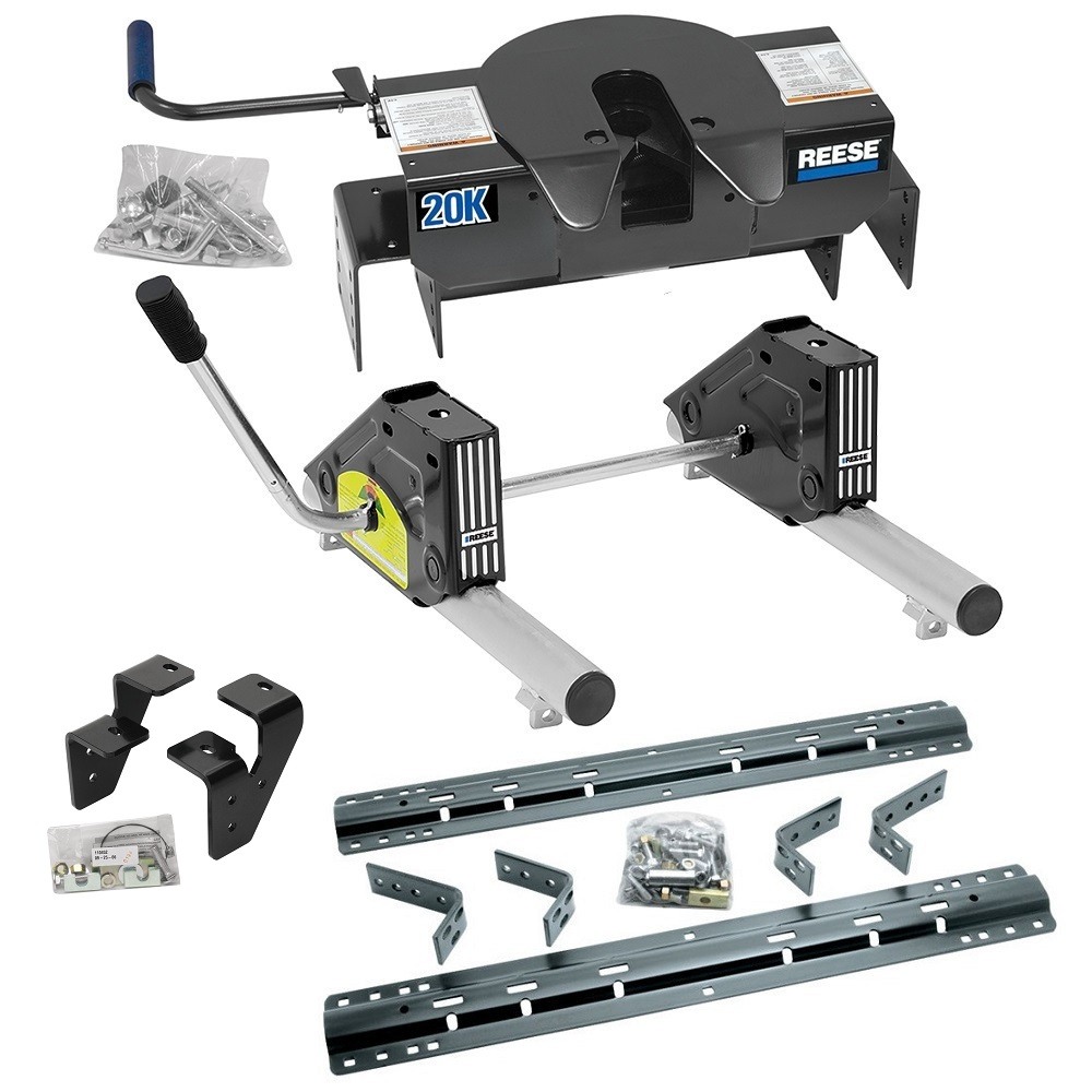 Reese Dual Jaw 20K Fifth Wheel Trailer Hitch w/ Round Tube Slider and Rails For 03-12 Dodge Ram 2500 3500 10-13 RAM 2500 3500 Truck Base Rail Kit 5th Wheel Brackets Hardware