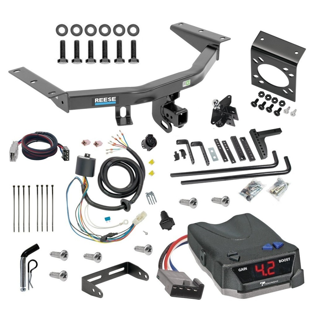 For 2016-2022 Honda Pilot Trailer Hitch Tow PKG w/ 8K Round Bar Weight Distribution Hitch w/ 2-5/16" Ball + Pin/Clip + Tekonsha BRAKE-EVN Brake Control + Plug & Play BC Adapter + 7-Way RV Wiring By Reese Towpower