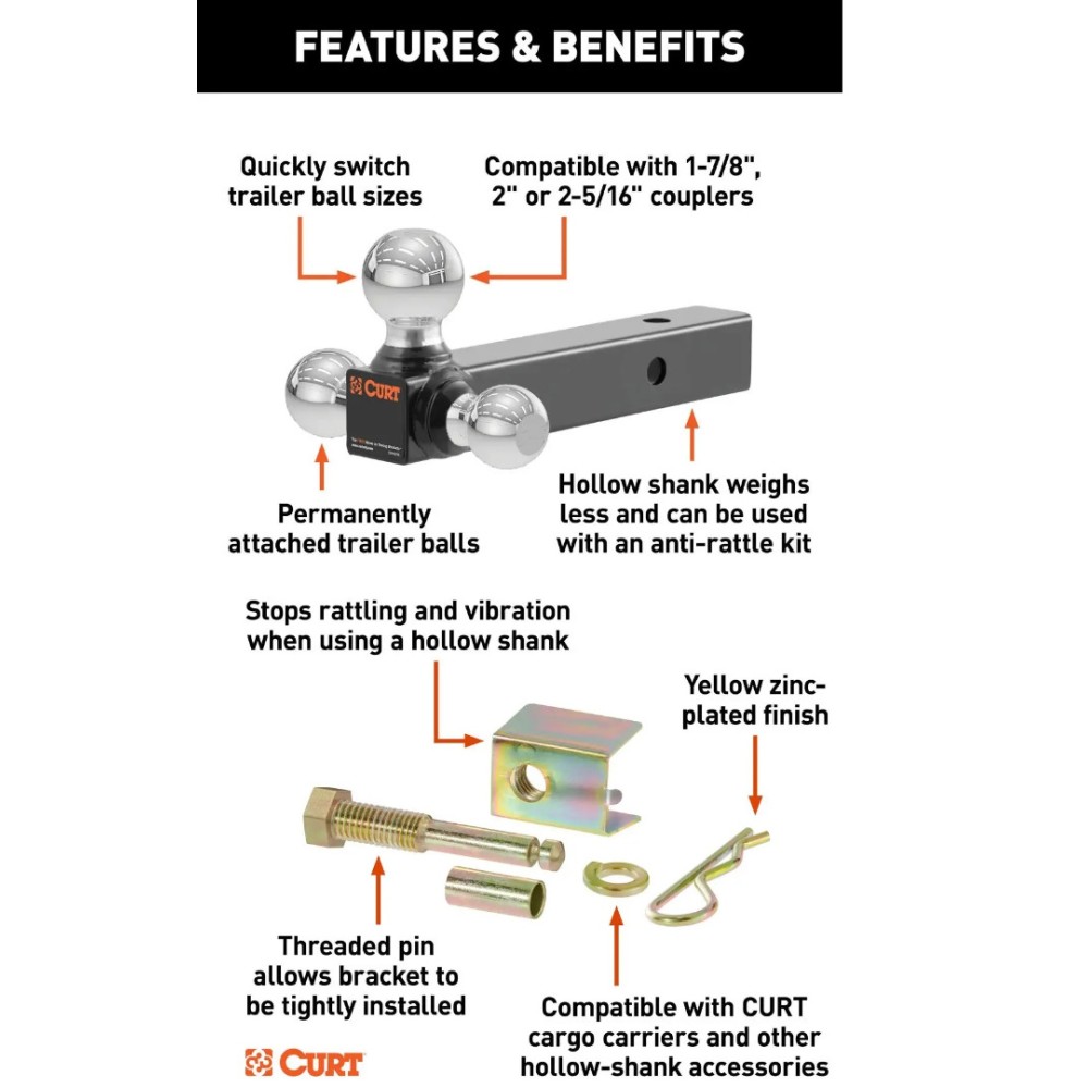 Triple ball hitch mount kit with anti-rattle pin, fits 2-inch receiver, chrome balls