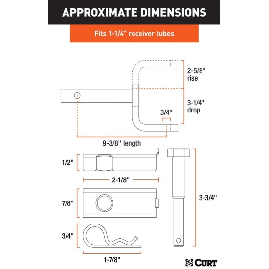 CURT Class 1 Ball Mount and Anti-Rattle Hitch Pin Set – 1-1/4" Receiver Class 1 Ball Mount with Anti-Rattle Hitch Pin & Shim – Fits 1-1/4" Receiver, 2,000 lb