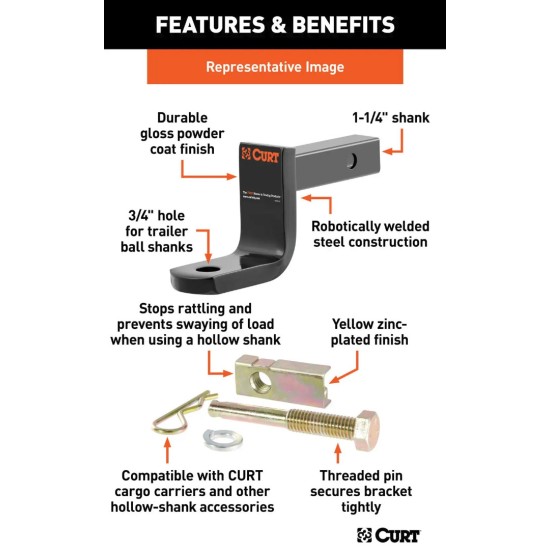 CURT Class 1 Ball Mount and Anti-Rattle Hitch Pin Set – 1-1/4" Receiver Class 1 Ball Mount with Anti-Rattle Hitch Pin & Shim – Fits 1-1/4" Receiver, 2,000 lb