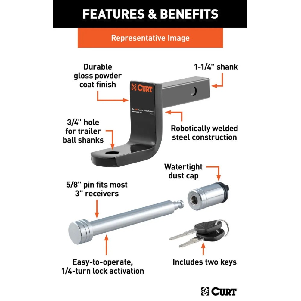 CURT Class 1 Long Shank Ball Mount with 5/8" Chrome Hitch Lock Class 1 Ball Mount with 9-3/8" Shank and 5/8" Hitch Lock – Fits 1-1/4" Receiver