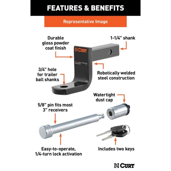 CURT Class 1 Long Shank Ball Mount with 5/8" Chrome Hitch Lock Class 1 Ball Mount with 9-3/8" Shank and 5/8" Hitch Lock – Fits 1-1/4" Receiver
