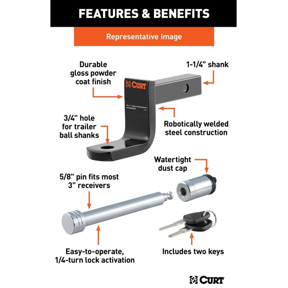 Class 1 Trailer Ball Mount and Hitch Lock Bundle – CURT Towing Security Kit Class 1 Ball Mount with 3-1/4" Drop and Hitch Lock for 3" Receiver – Lightweight Towing Kit