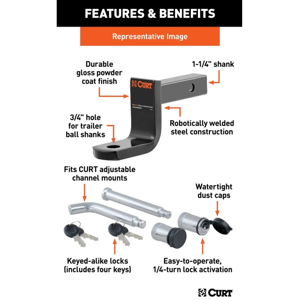 CURT Class 1 Ball Mount + Channel Lock Set – Fits 1-1/4" Receiver, 2,000 lb Rating CURT Class 1 Ball Mount with Lock Set – 1-1/4" Shank, 2,000 lbs, Drop Hitch Kit
