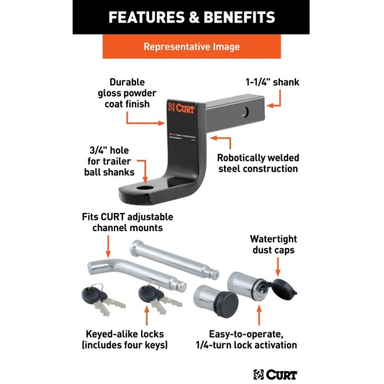 CURT Class 1 Ball Mount + Channel Lock Set – Fits 1-1/4" Receiver, 2,000 lb Rating CURT Class 1 Ball Mount with Lock Set – 1-1/4" Shank, 2,000 lbs, Drop Hitch Kit