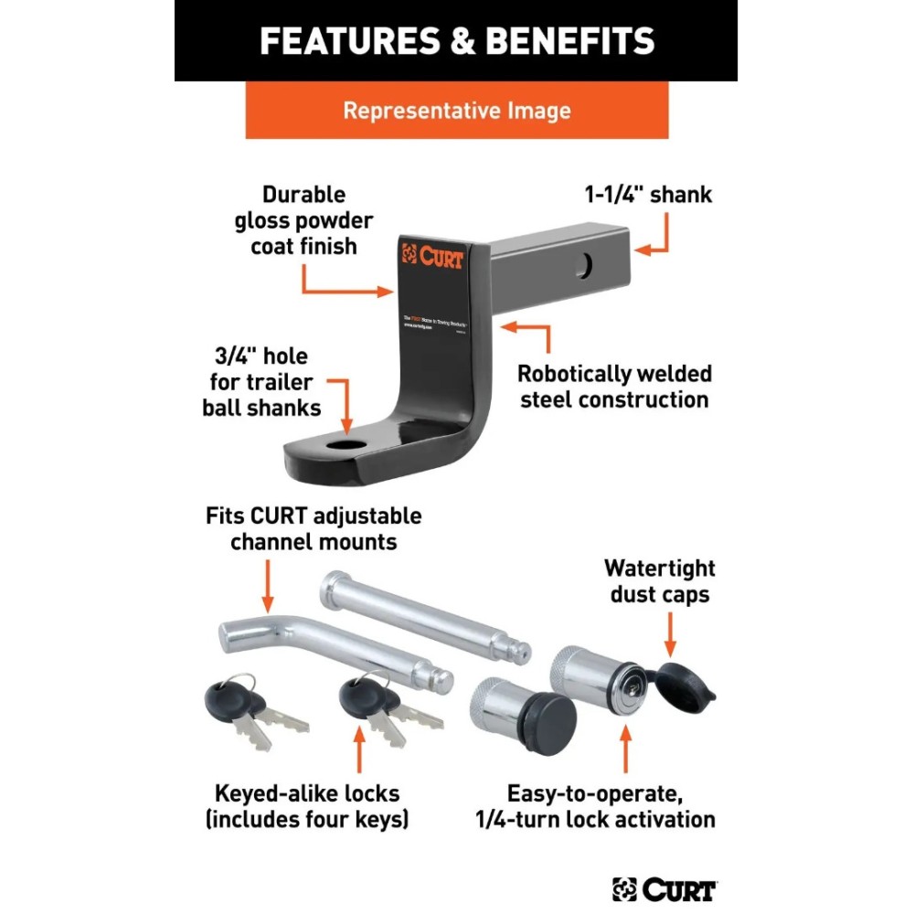 CURT Class 1 2,000 lb Ball Mount Kit with Chrome Hitch Lock for Lightweight Towing CURT Class 1 Ball Mount with 6" Drop and 5/8" Hitch Lock for 3" Receiver, 2,000 lbs
