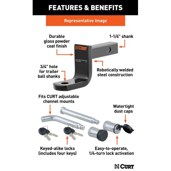CURT Class 1 2,000 lb Ball Mount Kit with Chrome Hitch Lock for Lightweight Towing CURT Class 1 Ball Mount with 6" Drop and 5/8" Hitch Lock for 3" Receiver, 2,000 lbs