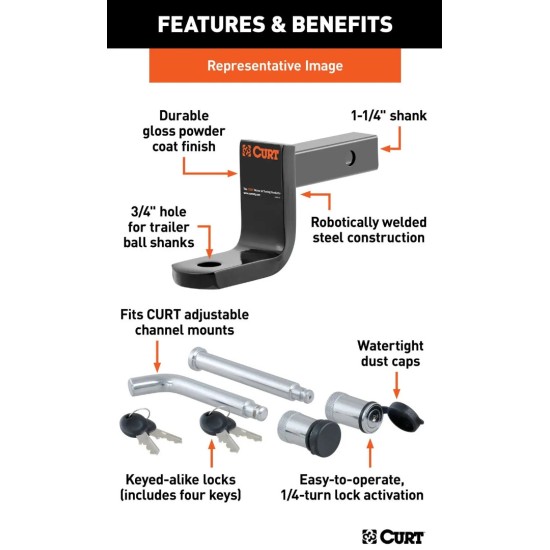 CURT Class 1 Ball Mount Kit with Channel Lock – 2,000 lb Towing Capacity CURT Class 1 Trailer Ball Mount with Lock Set – 6" Drop, 1-1/4" Shank, 2,000 lbs