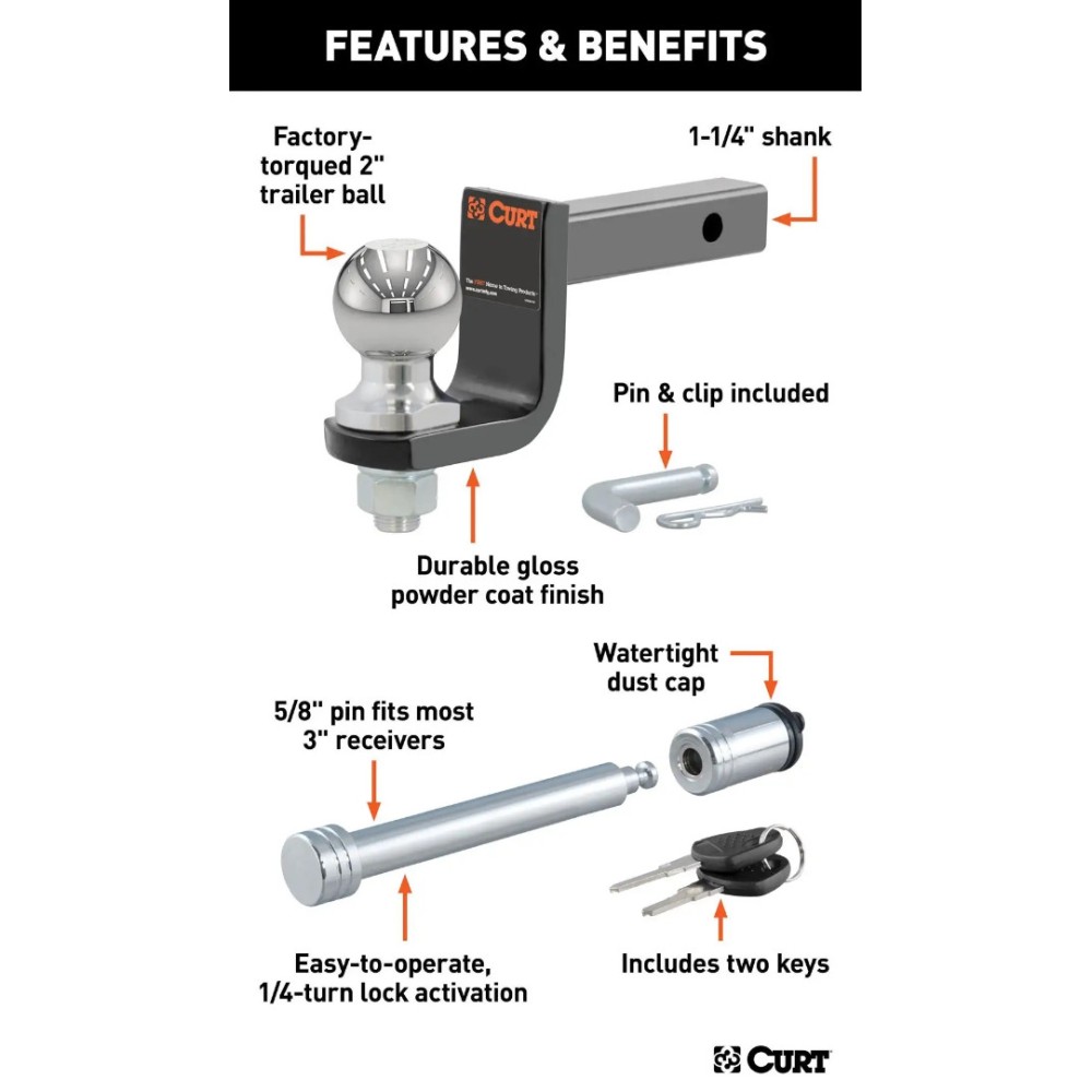 CURT Towing Kit for 1-1/4" Hitch with 2" Ball, 3-Ball Switch Set, and 5/8" Lock CURT 1-1/4" Hitch Towing Starter Kit with 2" Ball, Switch Ball Set & Hitch Lock