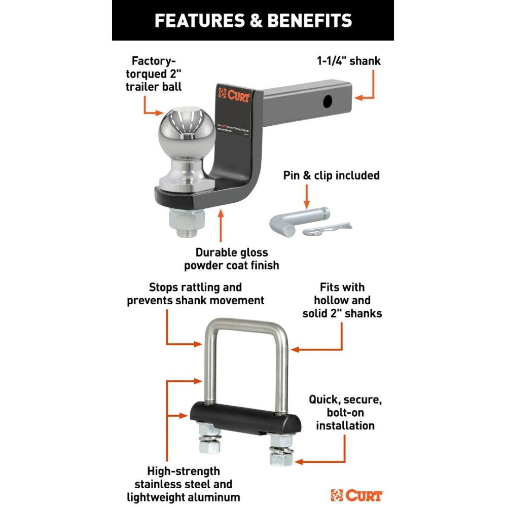 CURT 2" Ball Towing Kit with Anti-Rattle Hitch Clamp & Switch Ball Set – 3,500 lbs CURT Towing Kit with 2" Ball, Anti-Rattle Clamp & Switch Ball Set for 1-1/4" Hitch