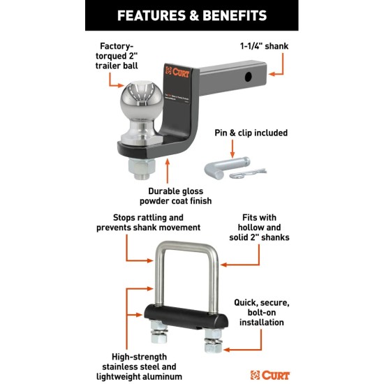 CURT 2" Ball Towing Kit with Anti-Rattle Hitch Clamp & Switch Ball Set – 3,500 lbs CURT Towing Kit with 2" Ball, Anti-Rattle Clamp & Switch Ball Set for 1-1/4" Hitch