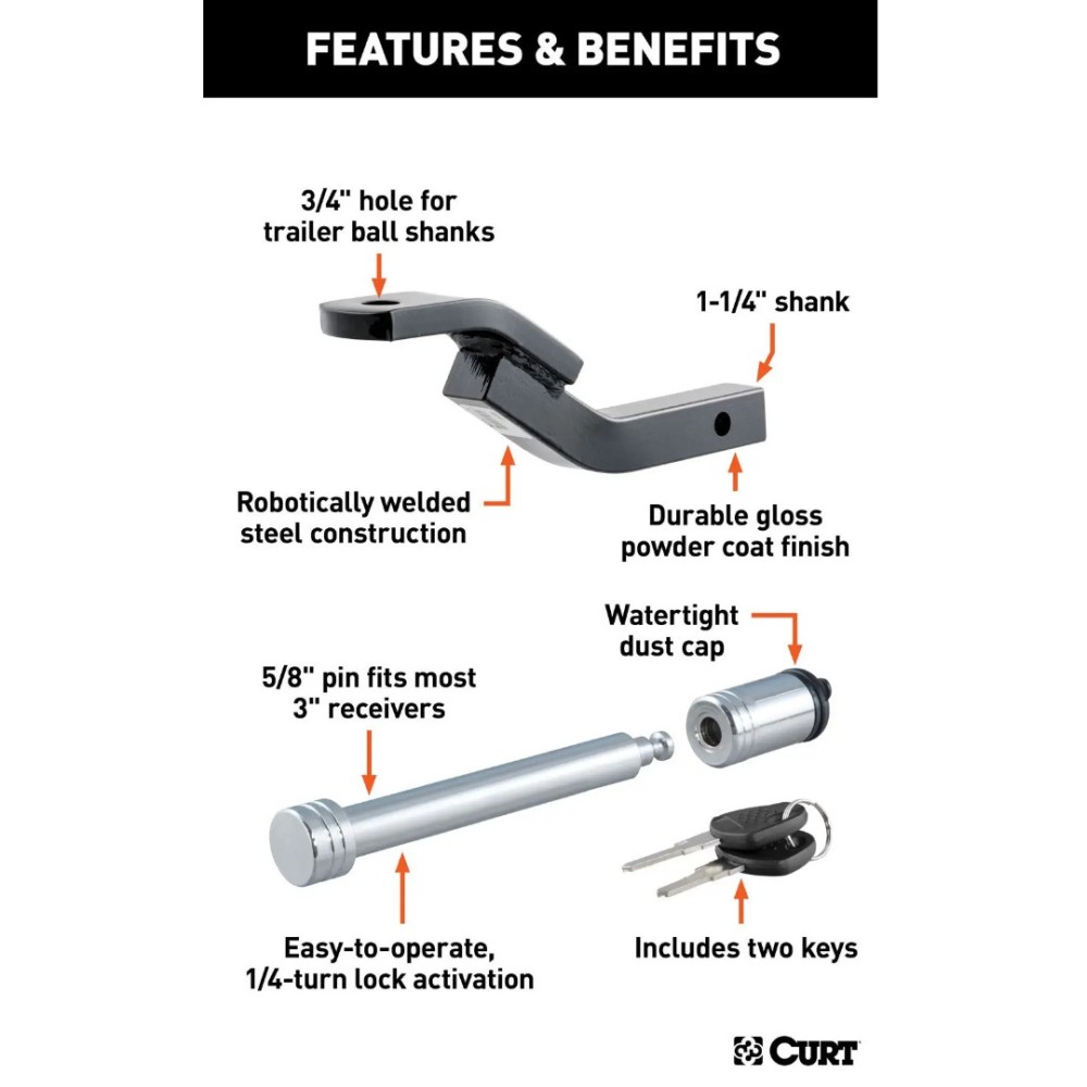 CURT Class 2 Ball Mount with 3-1/8" Rise and 5/8" Hitch Lock for 1-1/4" Receiver