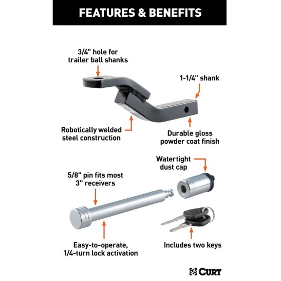 CURT Class 2 Ball Mount with 3-1/8" Rise and 5/8" Hitch Lock for 1-1/4" Receiver
