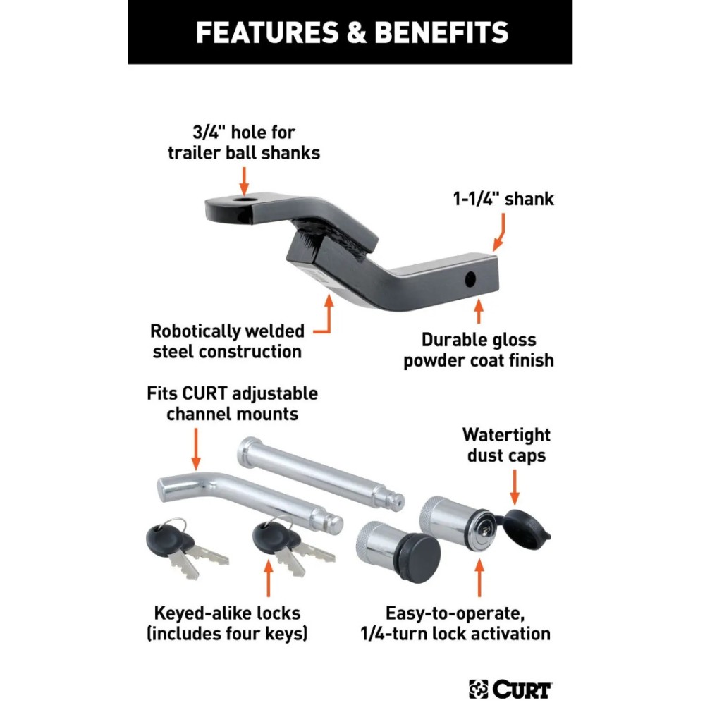 CURT 3,500 lb Class 2 Ball Mount with Lock Set – 1-1/4" Shank, Light-Duty Towing CURT Class 2 Ball Mount with 3-1/8" Rise and Channel Mount Lock Set for 1-1/4" Hitch
