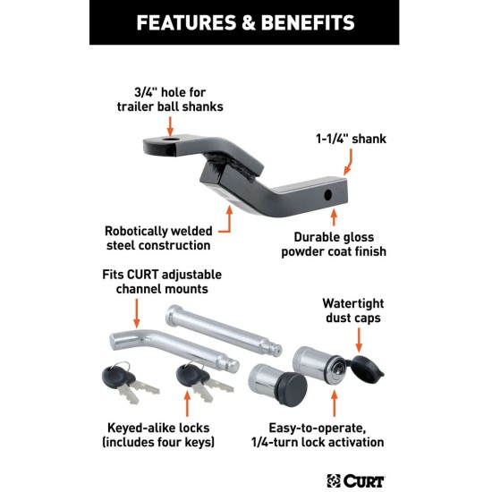 CURT 3,500 lb Class 2 Ball Mount with Lock Set – 1-1/4" Shank, Light-Duty Towing CURT Class 2 Ball Mount with 3-1/8" Rise and Channel Mount Lock Set for 1-1/4" Hitch