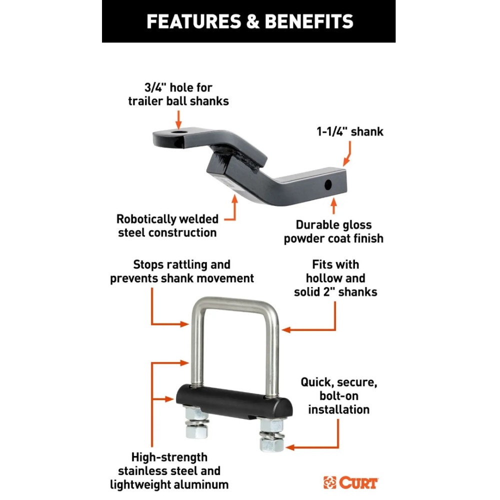 CURT Class 2 Ball Mount with 3-1/8" Rise and Anti-Rattle Hitch Clamp for 1-1/4" Receiver