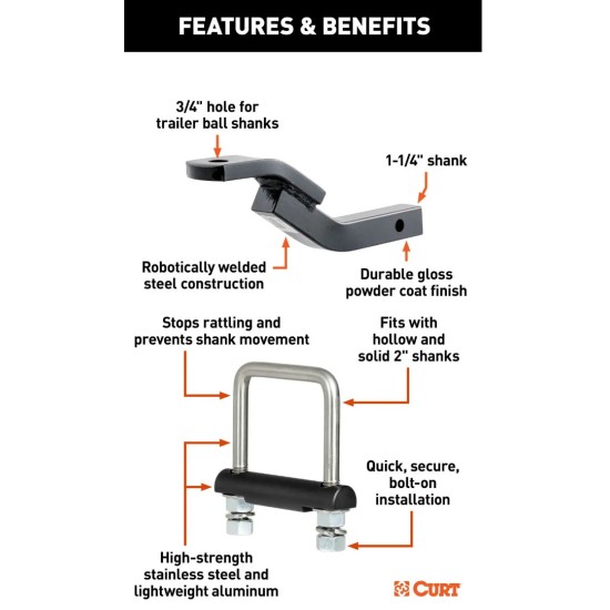 CURT Class 2 Ball Mount with 3-1/8" Rise and Anti-Rattle Hitch Clamp for 1-1/4" Receiver