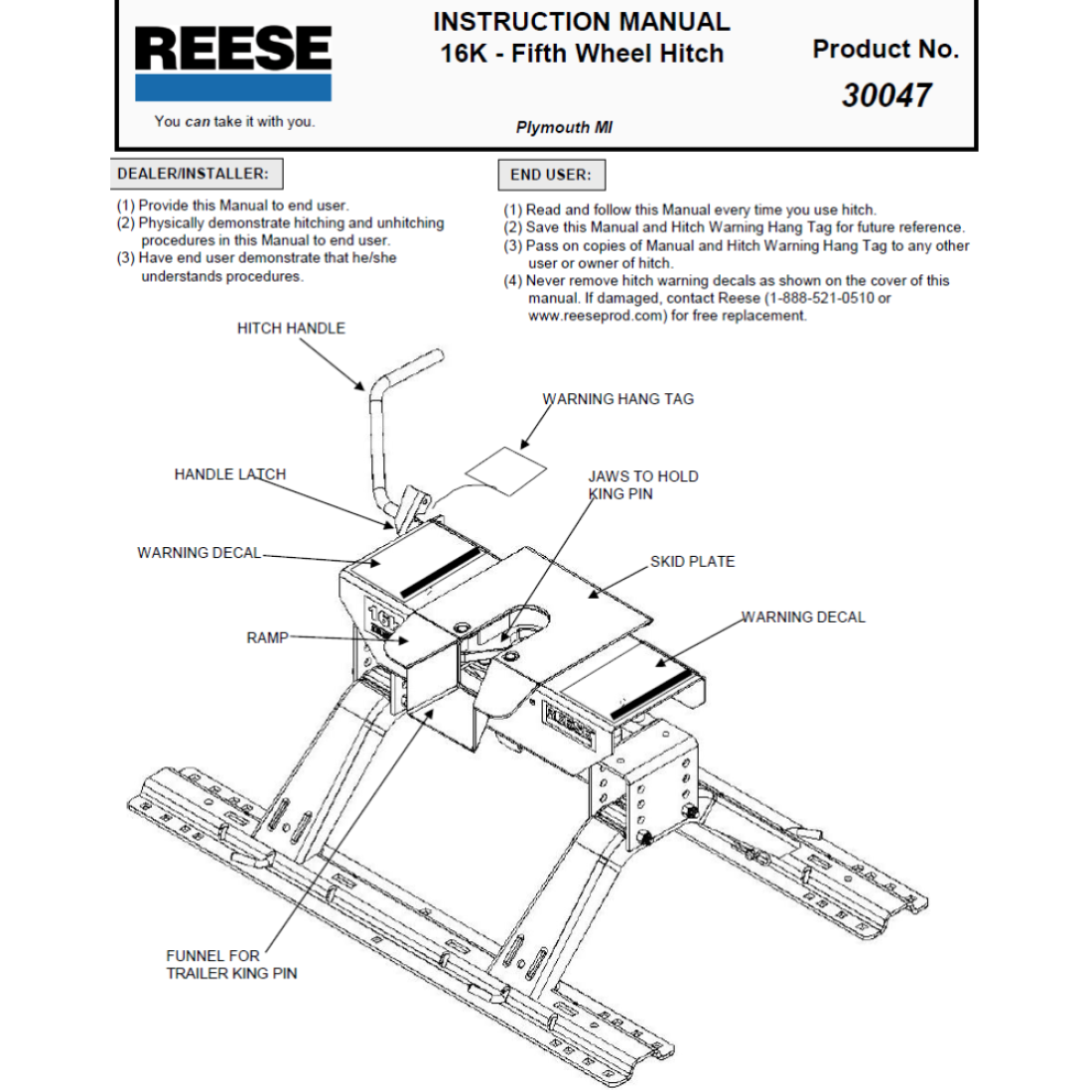 Reese Dual Jaw 20K Fifth Wheel Trailer Hitch w/ Round Tube Slider and ...