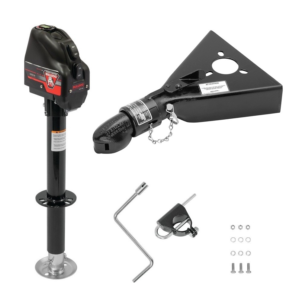 Bulldog 4K Electric A-Frame Jack & 7K Collar-Lok Coupler Bundle Bulldog 4K electric A-frame trailer jack paired with 7K Collar-Lok coupler