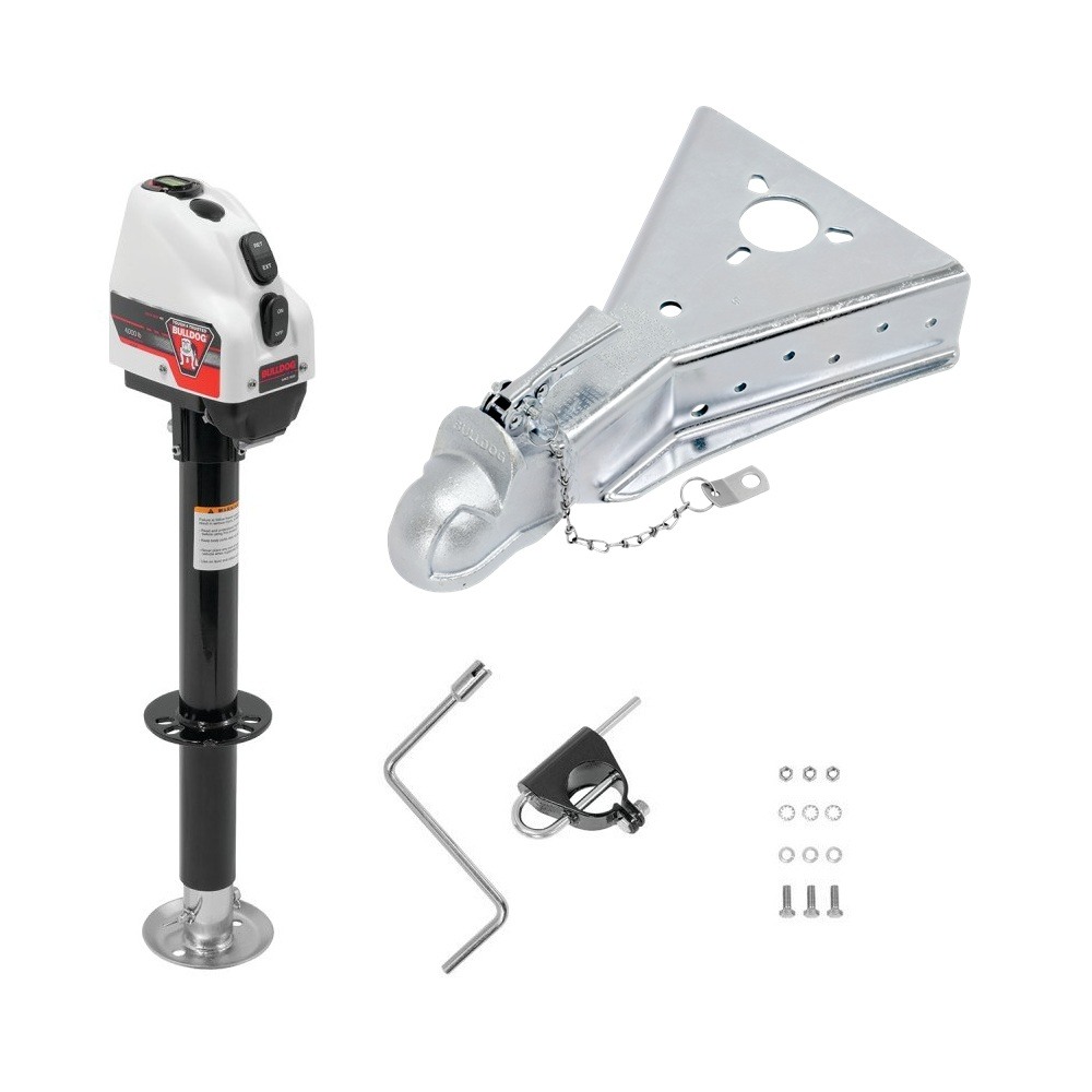 BULLDOG 4K Electric A-Frame Trailer Jack & 15K Cast Head Coupler BULLDOG 4K Electric A-Frame Trailer Jack with 15K Cast Head Coupler mounted on trailer