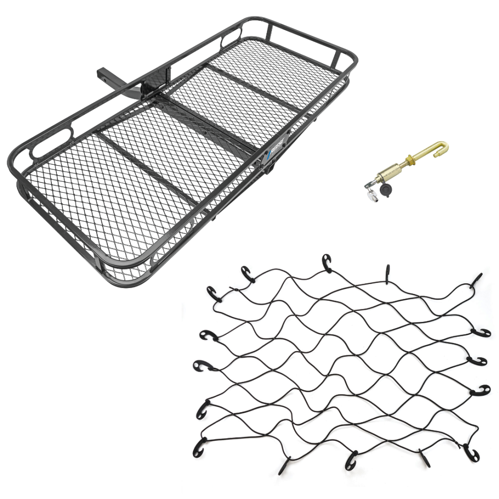 Reese Rambler Hitch Basket with Cargo Net & Anti-Rattle J-Pin – 2" Receiver, 500 lb Reese 60x24 Hitch Cargo Carrier with 36x48 Bungee Net and J-Pin Anti-Rattle Lock