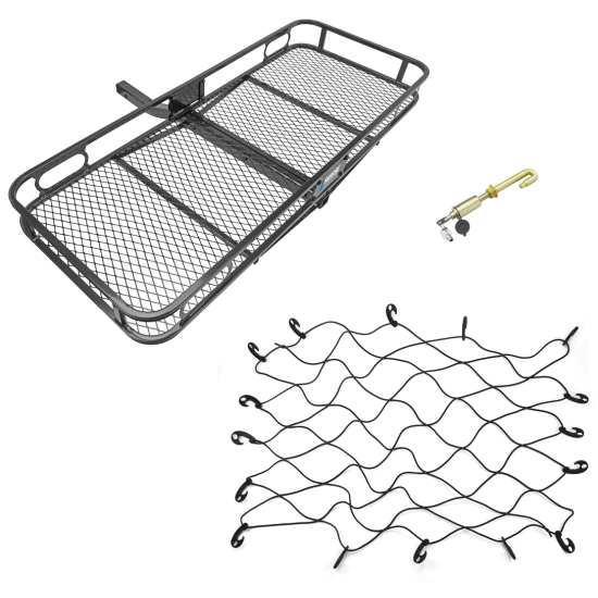Reese Rambler Hitch Basket with Cargo Net & Anti-Rattle J-Pin – 2" Receiver, 500 lb Reese 60x24 Hitch Cargo Carrier with 36x48 Bungee Net and J-Pin Anti-Rattle Lock