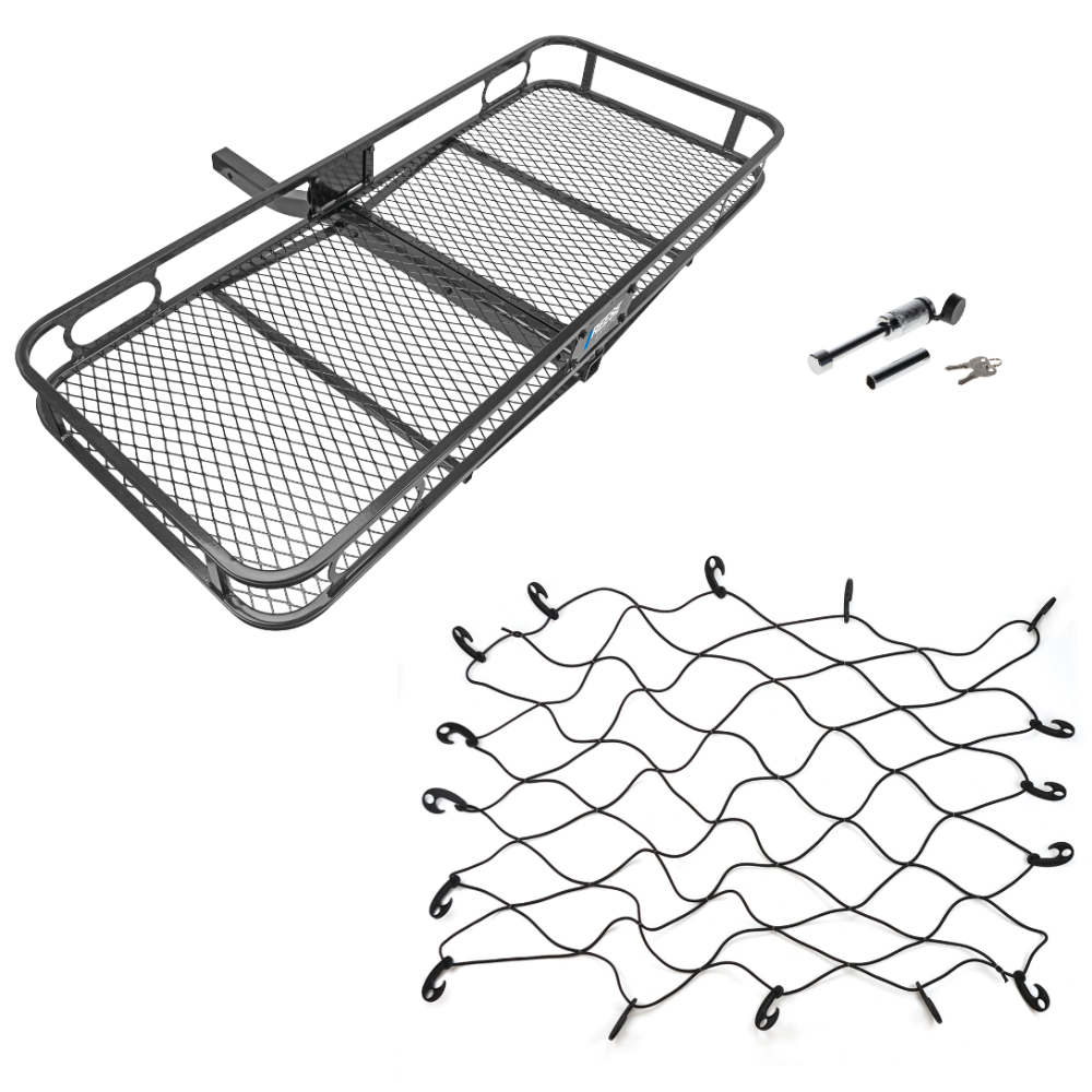 Reese Rambler Hitch Basket 60x24 with Net and Chrome Lock – Fits 2 Inch Receiver Reese 60x24 Hitch Cargo Carrier with Bungee Net and Dog Bone Hitch Lock – 500 lb Capacity