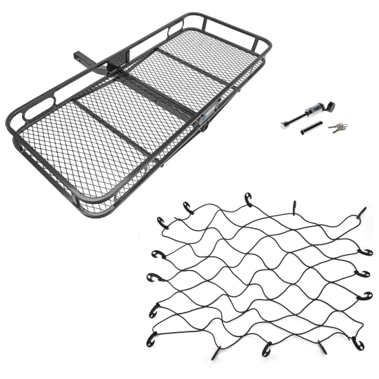 Reese Rambler Hitch Basket 60x24 with Net and Chrome Lock – Fits 2 Inch Receiver Reese 60x24 Hitch Cargo Carrier with Bungee Net and Dog Bone Hitch Lock – 500 lb Capacity