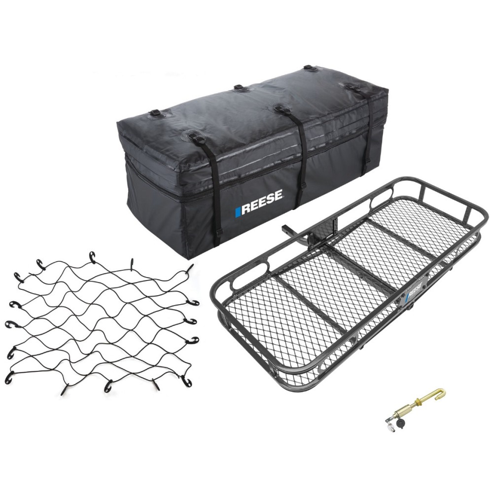 Reese Rambler 48x20 Hitch Cargo Carrier Bundle – Bag, Net & J‑Pin Reese Rambler hitch cargo carrier bundle with 48×20 basket, expandable bag, cargo net, J‑Pin anti‑rattle – 300 lb, 1‑1/4″ receiver