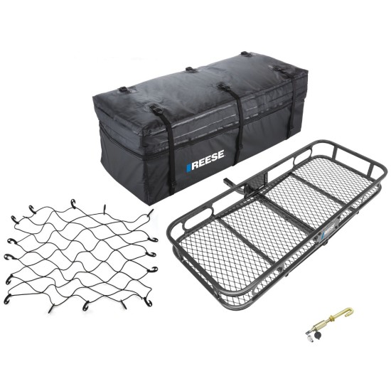 Reese Rambler 48x20 Hitch Cargo Carrier Bundle – Bag, Net & J‑Pin Reese Rambler hitch cargo carrier bundle with 48×20 basket, expandable bag, cargo net, J‑Pin anti‑rattle – 300 lb, 1‑1/4″ receiver